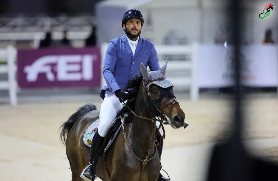 Rider on a bay horse passing the FEI board
