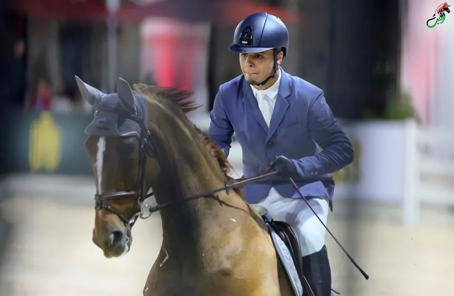 Leith Jumping rider on a chestnut horse in the arena